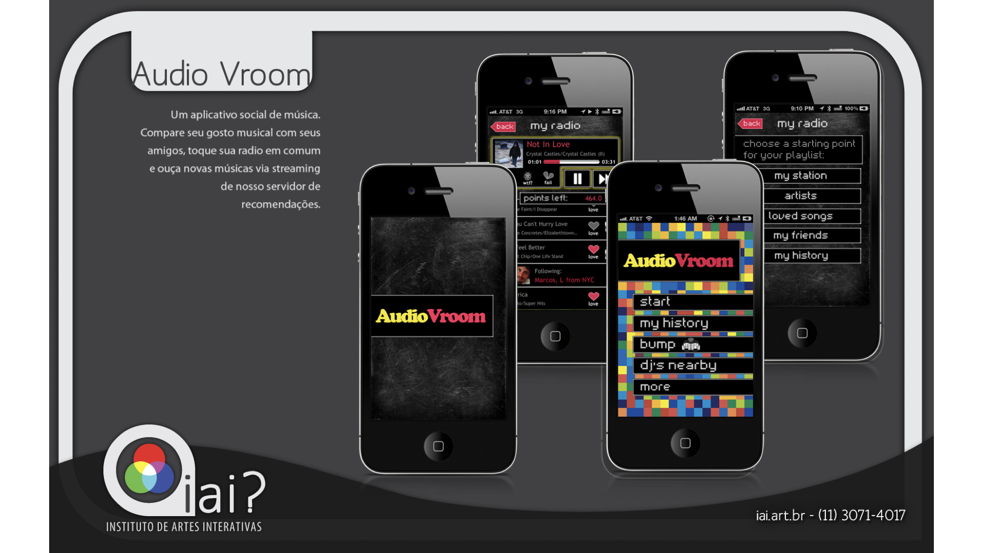 Audio Vroom social music app portfolio slide with iAi? branding showing radio streaming and music recommendation features.