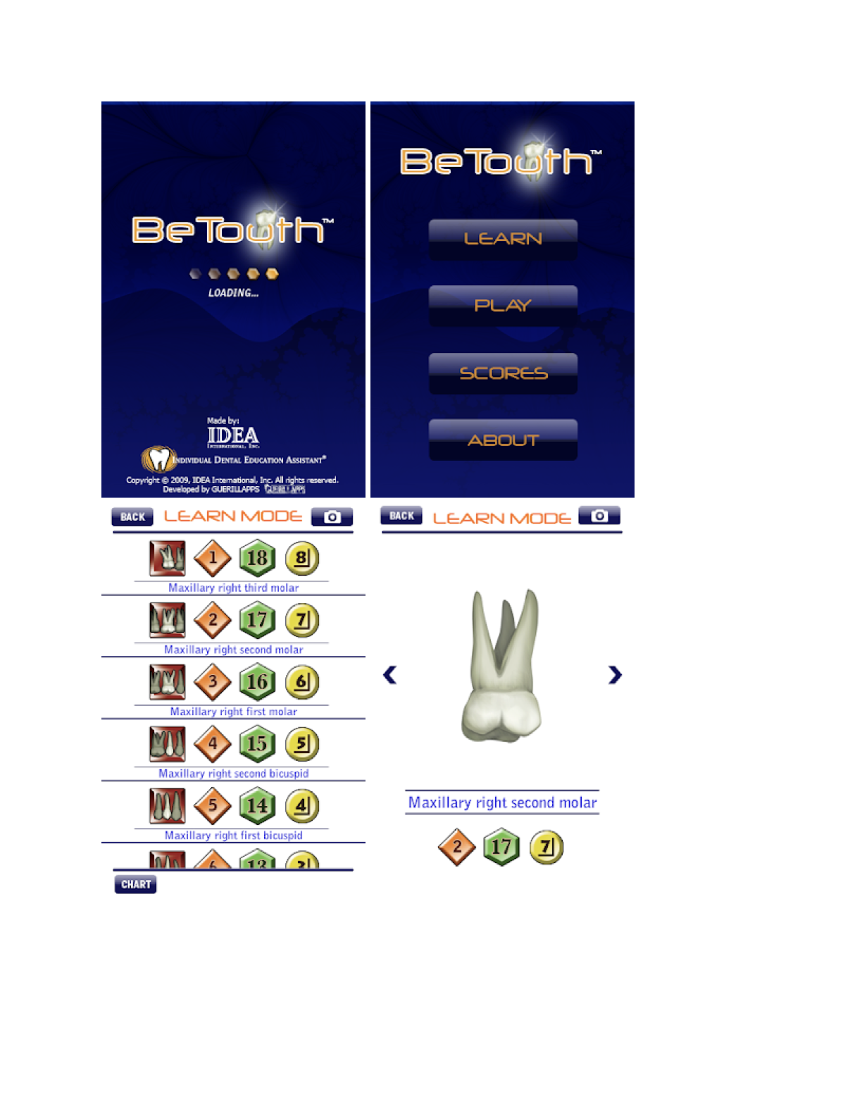 BeTooth dental education app with tooth learning mode, quiz game, and dental anatomy identification.