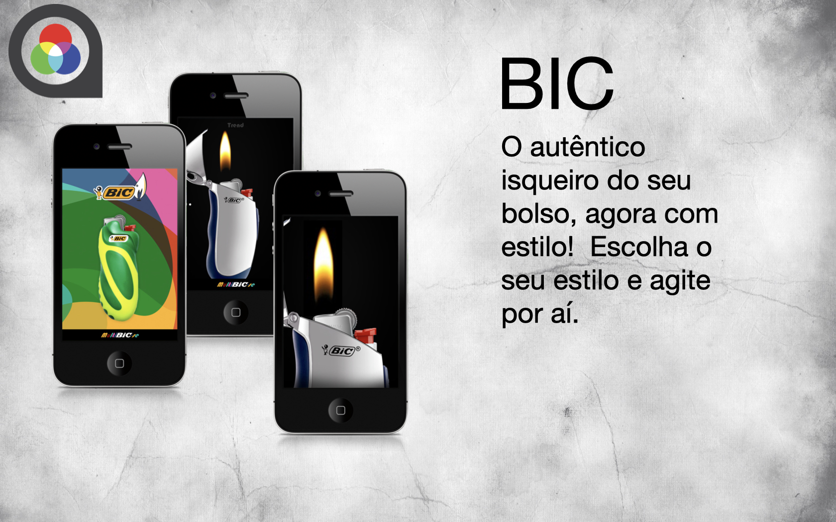 Portfolio slide for the BIC lighter app showing multiple iPhone screens with virtual lighter flames and customizable styles.