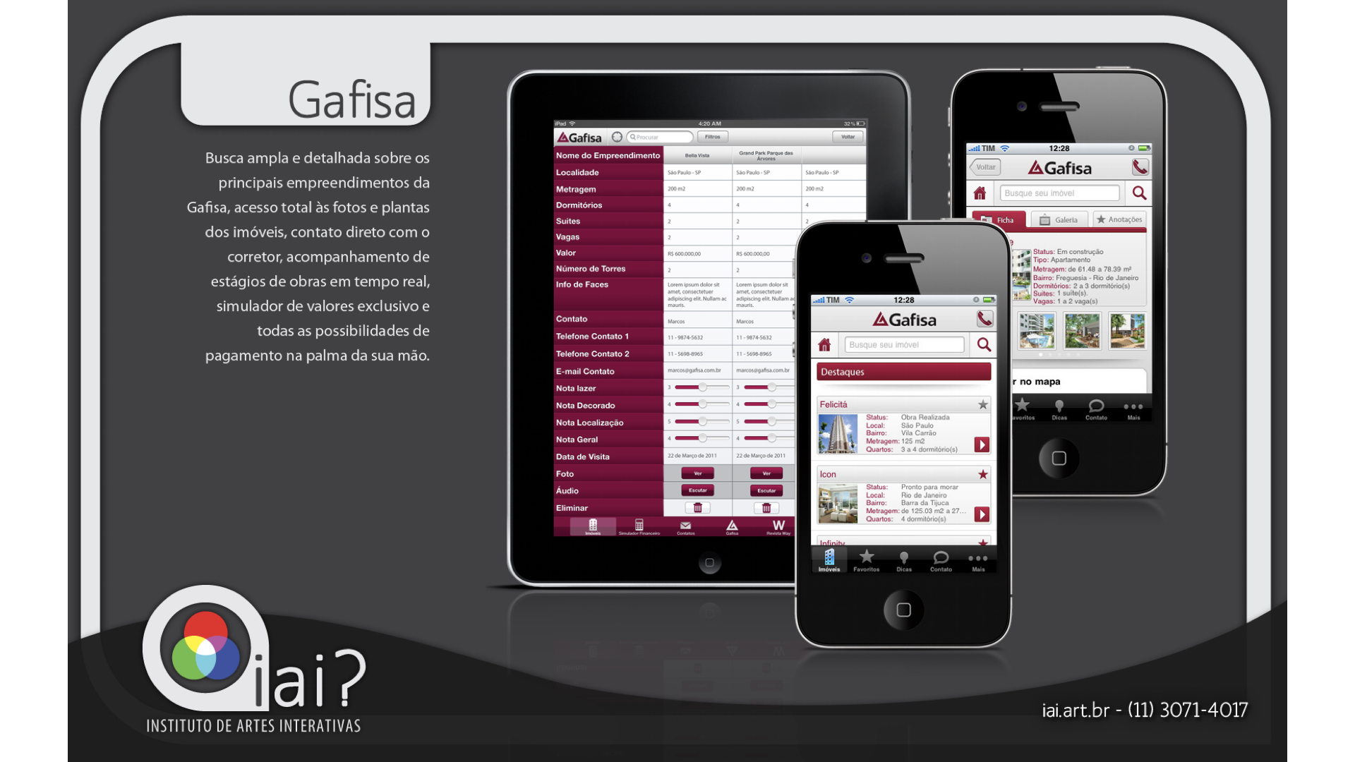Gafisa real estate app portfolio slide showing iPad and iPhone interfaces for property search, details, and listings by iAi?.