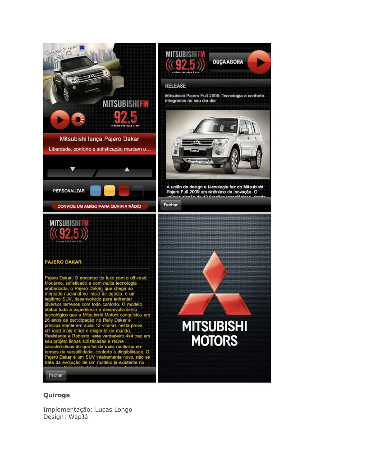 Mitsubishi Motors Quiroga iPhone app with FM 92.5 radio, Pajero Dakar details, and car brand information.