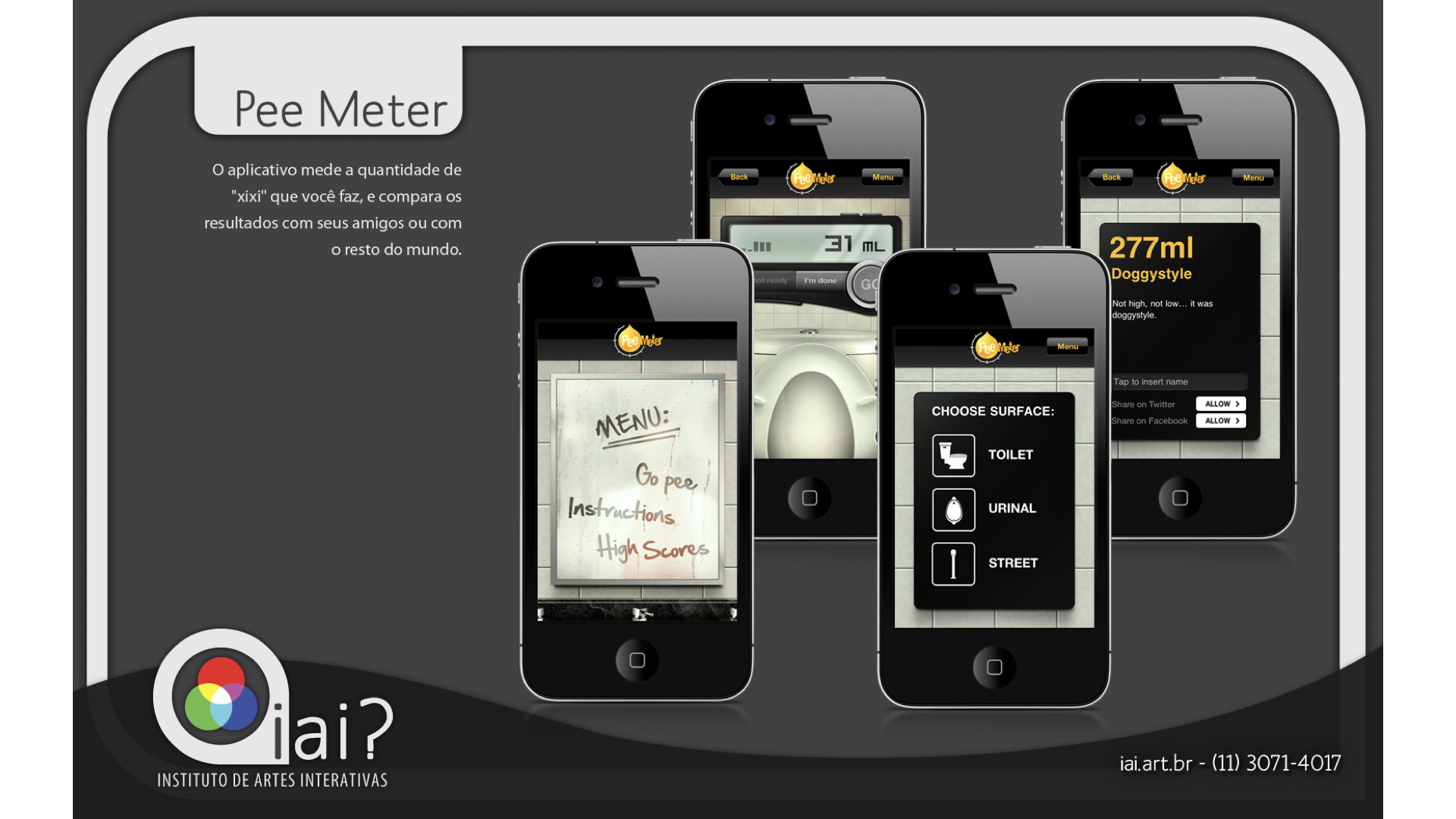 Pee Meter novelty app portfolio slide by iAi? showing iPhone screens with the humorous measurement and social sharing features.