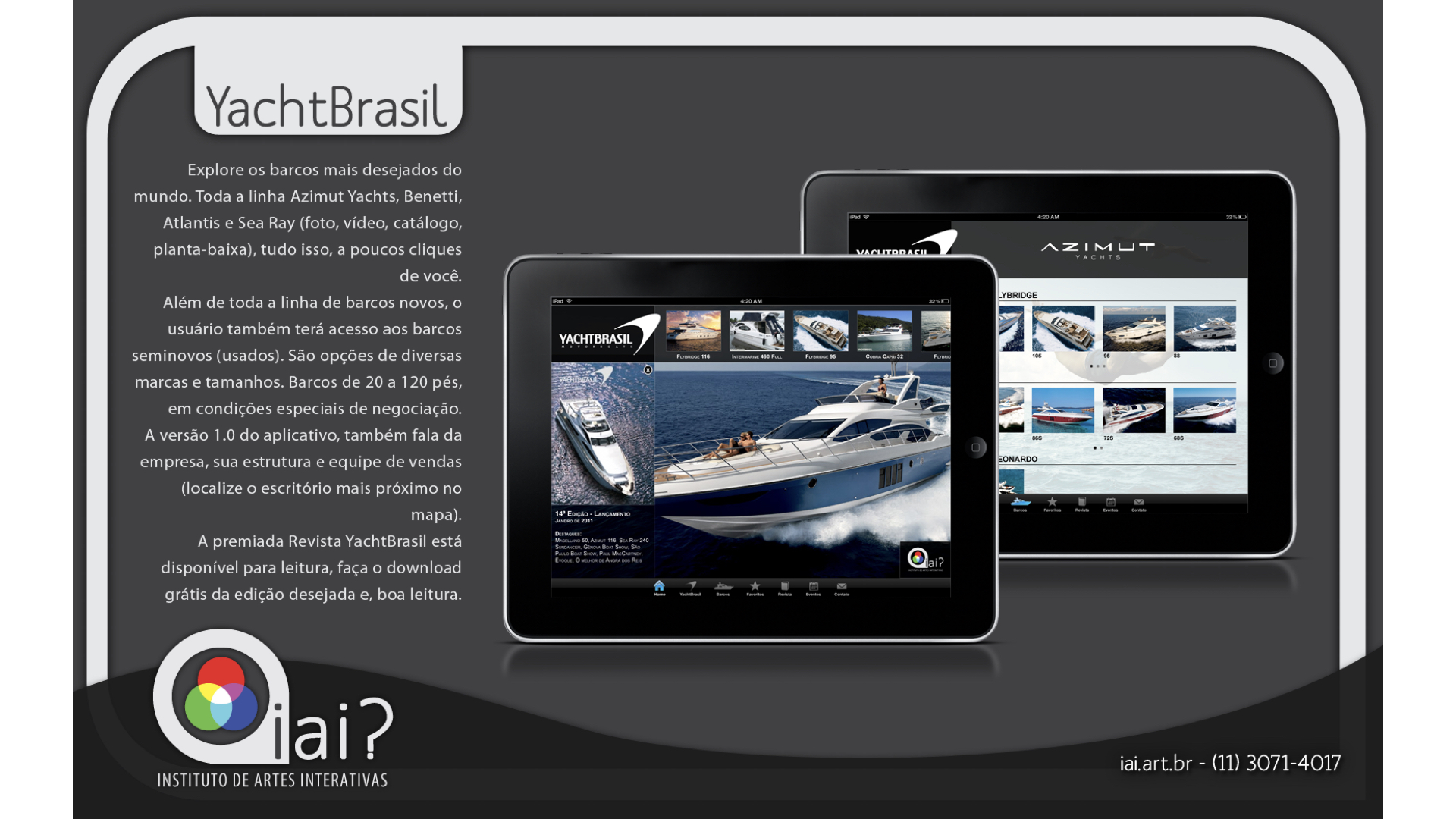 Yacht Brasil iPad app portfolio slide with iAi? branding showing luxury boat catalogs from Azimut, Benetti, Atlantis, and Sea Ray.